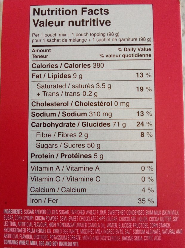 Mug cake nutrition list